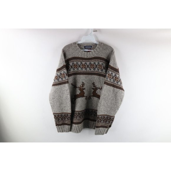 Vintage 90s Tommy Hilfiger Mens Medium Wool Knit Fair Isle Deer Crewneck Sweater